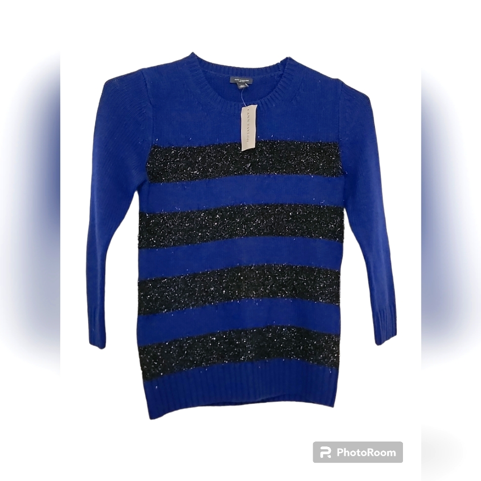Ann Taylor Blue And Black Metallic Striped Sweater